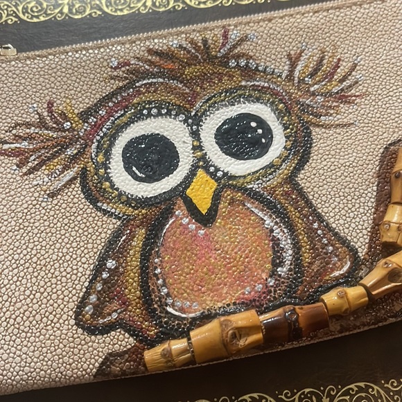 Hand Painted Upcycled Owl Detachable Custom Bracelet Wristlet - Picture 2 of 9